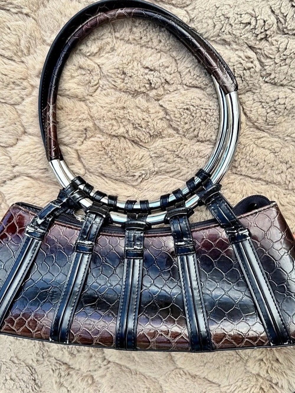 VITALO VERA Crocodile Embossed Shoulder Bag in Brown & Black